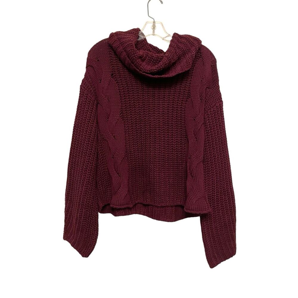 525 America Cowl Neck Chunky Mix Cable Knit Sweater Size XS Wine Cotton Revolve